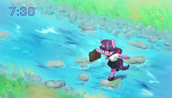 Size: 1024x581 | Tagged: safe, artist:siagia, twilight sparkle, pony, semi-anthro, g4, arm hooves, bipedal, clothes, female, mary janes, river, school uniform, schoolgirl, skirt, solo, stream