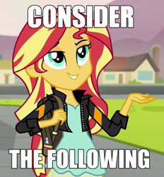 Size: 925x997 | Tagged: safe, screencap, sunset shimmer, equestria girls, g4, my little pony equestria girls: friendship games, bill nye the science guy, consider the following, female, image macro, meme, reaction image, solo, sunset the science gal