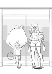 Size: 600x849 | Tagged: safe, artist:franschesco, gilda, spike, griffon, anthro, g4, belly button, breasts, busty gilda, cleavage, clothes, dialogue, female, midriff, monochrome, ship:spilda, shopping, strong, super strength, tank top
