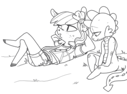 Size: 988x733 | Tagged: safe, artist:spectralunicorn, apple bloom, spike, earth pony, anthro, g4, crossed legs, lying down, monochrome, on back, sitting, sketch