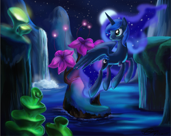 Size: 1349x1075 | Tagged: safe, artist:marcylin1023, princess luna, alicorn, pony, do princesses dream of magic sheep, g4, dream, female, flower, giant flower, glowing flower, luna's dream, mare, moon, night, solo, surreal, waterfall
