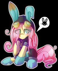 Size: 2385x2929 | Tagged: safe, artist:mimtii, fluttershy, pegasus, pony, g4, black background, bunny ears, clothes, costume, dangerous mission outfit, emoticon, eye clipping through hair, female, goggles, hair over one eye, high res, hoodie, mare, pictogram, raised hoof, simple background, sitting, solo, thought bubble