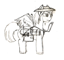 Size: 1824x1716 | Tagged: safe, artist:iyatsu, oc, oc only, oc:calamity, pegasus, pony, fallout equestria, battle saddle, black and white, dashite, fanfic, fanfic art, grayscale, gun, hat, hooves, male, monochrome, pencil drawing, simple background, solo, spread wings, stallion, traditional art, weapon, white background, wings
