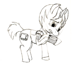 Size: 2156x1912 | Tagged: safe, artist:iyatsu, oc, oc only, oc:littlepip, pony, unicorn, fallout equestria, black and white, clothes, fanfic, fanfic art, female, grayscale, hooves, horn, jumpsuit, lip bite, mare, monochrome, pencil drawing, pipboy, pipbuck, simple background, solo, traditional art, vault suit, white background