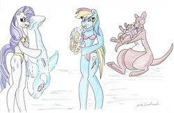 Size: 2313x1506 | Tagged: safe, artist:thunderingpikachu, rainbow dash, rarity, kangaroo, whale, anthro, unguligrade anthro, g4, beach, beach ball, bikini, blowing, blushing, clothes, inflatable, inflatable toy, inflatable whale, inflating, kanga, pool toy, puffy cheeks, roo, swimsuit, traditional art, water wings, winnie the pooh