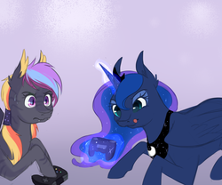 Size: 1200x1000 | Tagged: safe, artist:chiweee, princess luna, oc, oc:prismatic shard, gamer luna, g4, video game