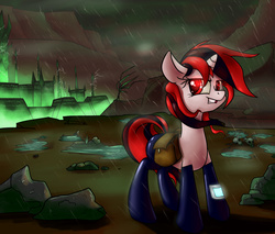 Size: 3000x2551 | Tagged: safe, artist:impcjcaesar, oc, oc only, oc:blackjack, cyborg, pony, unicorn, fallout equestria, fallout equestria: project horizons, fanfic, fanfic art, high res, hoofington, level 2 (project horizons), rain, solo, the core