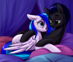Size: 2162x1843 | Tagged: safe, artist:solweig, oc, oc only, oc:rainy, pegasus, pony, bed, bedroom eyes, cuddling, cute, eye contact, female, floppy ears, hug, male, mare, on side, prone, rule 63, smiling, snuggling, stallion, straight, wink