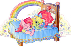 Size: 1024x678 | Tagged: safe, artist:freesavanna, gummy, pinkie pie, alligator, earth pony, pony, g4, bed, bow, candy, clothes, cute, diapinkes, duo, female, male, mare, pajamas, rainbow, sleeping, sweets, tail bow, traditional art