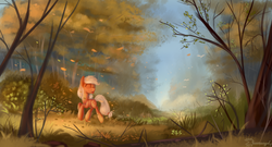 Size: 1850x1000 | Tagged: dead source, safe, artist:shamanguli, applejack, earth pony, pony, g4, autumn, eyes closed, female, forest, grass, happy, hatless, missing accessory, scenery, smiling, solo, tree