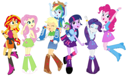 Size: 4981x3010 | Tagged: safe, artist:famousmari5, applejack, fluttershy, pinkie pie, rainbow dash, rarity, spike, sunset shimmer, twilight sparkle, alicorn, dog, equestria girls, g4, accessory swap, backpack, balloon, belt, boots, bracelet, clothes, cowboy boots, cowboy hat, dancing, denim skirt, eyes closed, eyeshadow, female, grin, hat, high heel boots, high res, humane five, humane six, jacket, jewelry, jumping, makeup, male, open mouth, open smile, piggyback ride, raised leg, shirt, shoes, shoulder ride, simple background, skirt, smiling, sock, socks, spike the dog, stetson, transparent background, twilight sparkle (alicorn), vector