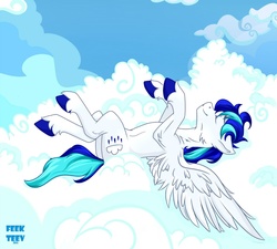 Size: 1137x1024 | Tagged: safe, artist:feekteev, oc, oc only, oc:rainy, pegasus, pony, cloud, cloudy, eyes closed, on back, smiling, solo, spread wings, wings