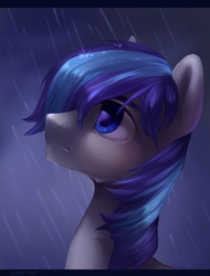 Size: 1560x2048 | Tagged: safe, artist:share dast, oc, oc only, oc:rainy, pegasus, pony, blue eyes, portrait, rain, sad, solo