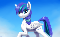 Size: 2110x1290 | Tagged: safe, artist:mrscroup, oc, oc only, oc:rainy, pegasus, pony, blue eyes, looking at you, raised tail, smiling, solo, wings