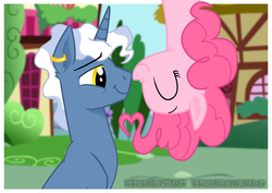 Size: 1052x744 | Tagged: safe, artist:thephoebster, pinkie pie, pokey pierce, g4, boop, cute, earring, female, heart, male, noseboop, nuzzling, piercing, ship:pokeypie, shipping, smiling, straight, upside down