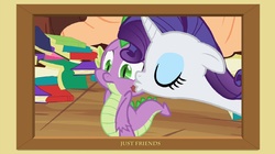 Size: 1639x921 | Tagged: safe, artist:doublewbrothers, edit, edited screencap, screencap, rarity, spike, dragon, pony, unicorn, g4, secret of my excess, book, cheek kiss, female, just friends, kiss mark, kissing, lipstick, male, mare, picture frame, ship:sparity, shipping, straight