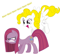 Size: 964x863 | Tagged: safe, artist:zacatron94, pinkie pie, surprise, earth pony, pegasus, pony, g4, angry, angry pie, blah, duo, duo female, female, flying, mare, pinkamena diane pie, simple background, transparent background