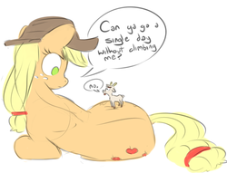 Size: 1139x869 | Tagged: safe, artist:nobody, applejack, oc, oc:goatmod, goat, pony, g4, :p, dialogue, frown, giant pony, glare, macro, on side, size difference, sketch, tongue out, wide eyes