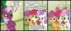 Size: 1500x656 | Tagged: safe, artist:madmax, apple bloom, cheerilee, scootaloo, sweetie belle, earth pony, pegasus, pony, unicorn, g4, hearts and hooves day (episode), my little pony: friendship is magic, 3 panel comic, anti-shipping, bipedal, bipedal leaning, breaking the fourth wall, bronybait, cmc learn their lesson, comic, cutie mark crusaders, exploitable meme, female, filly, foal, fourth wall, hearts and hooves day, leaning, looking at you, meme, meta