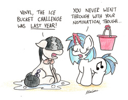 Size: 1826x1435 | Tagged: safe, artist:bobthedalek, dj pon-3, octavia melody, vinyl scratch, earth pony, pony, unicorn, g4, bucket, dialogue, duo, eyes closed, frown, hair over eyes, hidden eyes, ice bucket challenge, open mouth, puddle, text, traditional art, wet, wet bowtie, wet mane