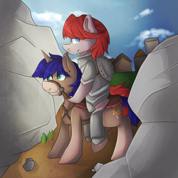 Size: 3000x3000 | Tagged: safe, artist:oddends, oc, oc only, armor, building, cloud, cloudy, fantasy class, high res, knight, ponies riding ponies, reins, riding, rock, saddle, smiling, warrior
