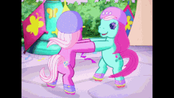 Size: 800x450 | Tagged: safe, screencap, minty, pinkie pie (g3), g3, the runaway rainbow, animated, crystal princess, female, helmet, loop, roller skates, spinning