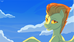 Size: 3507x2036 | Tagged: safe, artist:risterdus, spitfire, pony, g4, bust, cloud, cloudy, cutefire, female, glowing eyes, high res, looking at you, looking back, looking back at you, sky, solo, spread wings, wings