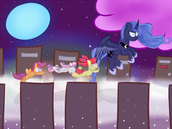 Size: 2000x1500 | Tagged: safe, artist:vengefulstrudel, apple bloom, princess luna, scootaloo, sweetie belle, g4, cloud, cutie mark crusaders, door, moon