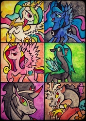 Size: 2435x3444 | Tagged: safe, artist:canvymamamoo, discord, king sombra, princess cadance, princess celestia, princess luna, queen chrysalis, g4, high res, traditional art