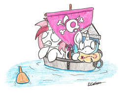 Size: 1947x1479 | Tagged: safe, artist:bobthedalek, dj pon-3, long play, vinyl scratch, pony, unicorn, g4, bathtub, hat, paddle, paper hat, pirate, traditional art, treasure map