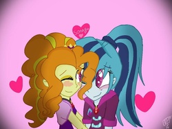 Size: 900x675 | Tagged: safe, adagio dazzle, sonata dusk, equestria girls, g4, cuddling, female, heart, lesbian, ship:sonagio, shipping, snuggling