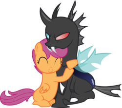 Size: 10768x9547 | Tagged: safe, scootaloo, oc, changeling, g4, absurd resolution, desu, heterochromia, hug, simple background, transparent background, vector