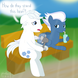 Size: 1500x1500 | Tagged: safe, artist:phallen1, double diamond, night glider, earth pony, pegasus, pony, g4, bench, dialogue, drink, drinking, fan, female, hot, male, mare, newbie artist training grounds, park bench, sitting, stallion, straw, summer, sweat