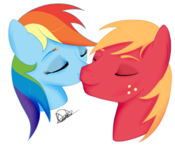 Size: 842x720 | Tagged: safe, artist:karmadash, big macintosh, rainbow dash, earth pony, pony, g4, kissing, male, ship:rainbowmac, shipping, stallion, straight