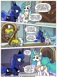 Size: 1400x1900 | Tagged: safe, artist:moemneop, princess celestia, princess luna, pony, comic:shifting changelings lies and truths, g4, comic, royal guard, sleeping