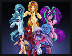 Size: 2500x1943 | Tagged: safe, artist:blackfreya, adagio dazzle, aria blaze, princess luna, sonata dusk, twilight sparkle, oc, oc:mayday parker sparkle, alicorn, pony, g4, amethyst sorceress, crossover, crossover shipping, male, offspring, parent:peter parker, parent:twilight sparkle, parents:spidertwi, peter parker, spider-man, spiders and magic iv: the fall of spider-mane, spiders and magic: rise of spider-mane, spidertwi, the dazzlings, twilight sparkle (alicorn)