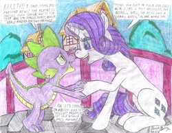 Size: 1645x1275 | Tagged: safe, artist:semijuggalo, rarity, spike, pony, unicorn, g4, blushing, duo, female, happy, hiatus, male, ponyville, ship:sparity, shipping, straight, traditional art