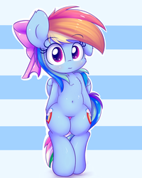 Size: 2400x3000 | Tagged: safe, artist:heavymetalbronyyeah, rainbow dash, pegasus, semi-anthro, g4, abstract background, belly button, bipedal, both cutie marks, bow, chest fluff, cute, daaaaaaaaaaaw, dashabetes, featureless crotch, female, girly, hair bow, high res, hnnng, looking at you, ribbon, solo, tomboy taming, weapons-grade cute