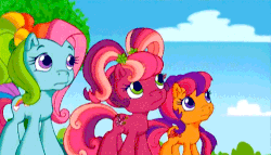 Size: 655x375 | Tagged: safe, screencap, cheerilee (g3), rainbow dash (g3), scootaloo (g3), g3, g3.5, pinkie pie's ferris wheel adventure, animated, blinking, concerned, female, frown, male, reaction image