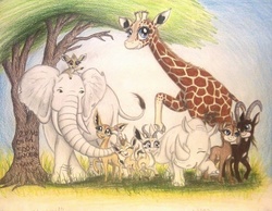Size: 1015x788 | Tagged: safe, artist:thefriendlyelephant, oc, oc only, oc:kekere, oc:lesotho, oc:mmiri, oc:nuk, oc:obi, oc:sabe, oc:salma, oc:uganda, oc:zeka, antelope, dik dik, elephant, gazelle, gerenuk, giant sable antelope, giraffe, rhinoceros, springbok, acacia tree, africa, animal in mlp form, barely pony related, cloven hooves, grass, group photo, happy, horns, milestone, running, size difference, smiling, traditional art, tree, trunk, tusk