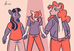 Size: 500x346 | Tagged: safe, artist:rwl, pinkie pie, sunset shimmer, twilight sparkle, anthro, g4, awkward, blushing, blushing profusely, chubby, fat, female, holding hands, lesbian, limited palette, ot3, polyamory, ship:sunsetpie, ship:sunsetsparkle, ship:twinkie, shipping, size difference, sunlightpie, sweat