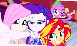 Size: 500x300 | Tagged: safe, fluttershy, rarity, spike, sunset shimmer, dog, equestria girls, g4, rainbow rocks, photobomb, picture, spike the dog