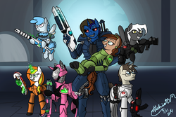 Size: 1280x856 | Tagged: safe, artist:alexlive97, oc, oc only, oc:alex live, oc:alyx live, oc:blank novel, oc:captain, oc:curly mane, oc:jade verdi, oc:think pink, armor, gun, skull, x-com, xcom: enemy unknown