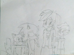 Size: 1024x768 | Tagged: safe, artist:brandonale, rainbow dash, scootaloo, equestria girls, g4, crossover, crossover shipping, female, male, miles "tails" prower, monochrome, shipping, sonic the hedgehog, sonic the hedgehog (series), sonicdash, straight, traditional art