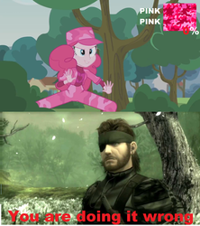 Size: 1024x1152 | Tagged: safe, screencap, pinkie pie, equestria girls, g4, my little pony equestria girls: friendship games, pinkie spy (short), big boss, camouflage, image macro, meme, metal gear, metal gear solid 3, naked snake, snake eater, you're doing it wrong