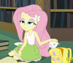 Size: 422x363 | Tagged: safe, screencap, angel bunny, fluttershy, equestria girls, g4, my little pony equestria girls: friendship games, backpack, book, bookshelf, clothes, library, sitting, skirt, tank top, unamused