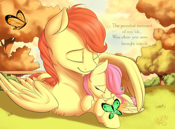 Size: 2700x2000 | Tagged: safe, artist:nobody47, fluttershy, oc, oc:fluttershy's dad, butterfly, pegasus, pony, g4, cottagecore, cuddling, cute, daughter, father, father and daughter, female, filly, foal, heartwarming, high res, male, shyabetes, stallion, tree