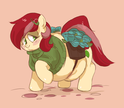 Size: 1396x1220 | Tagged: safe, artist:mellowhen, roseluck, earth pony, pony, g4, belly, clothes, fat, female, flower, mare, obese, rosechub, saddle bag, solo, sweater