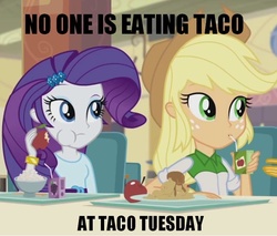 Size: 720x612 | Tagged: safe, applejack, rarity, equestria girls, g4, my little pony equestria girls: rainbow rocks, cafeteria, grammar error, irony, sonata fuel, taco tuesday, tacos in the comments