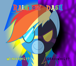 Size: 3200x2800 | Tagged: safe, artist:mofetafrombrooklyn, rainbow dash, pony, two sided posters, g4, bust, choice, clothes, costume, female, high res, portrait, shadowbolt dash, shadowbolts, shadowbolts costume, solo, split screen, uniform, wonderbolts, wonderbolts uniform